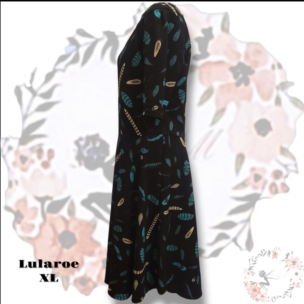 LuLaRoe Black Dress with Turquoise and Gold Feather Pattern. Fit Flare XL - Picture 5 of 5